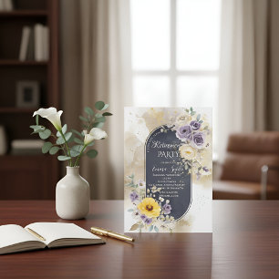 Convites Elegante Roxo Amarelo Dourado Floral Aquarela Reti