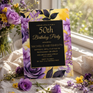 Convites Elegante Roxo Amarelo Floral 50º Aniversário