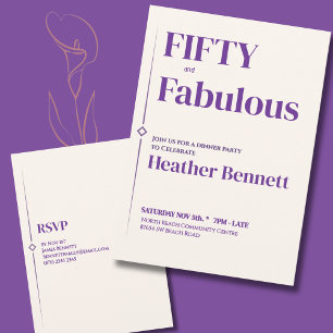 Convites Elegante Roxo Creme Cinquenta Aniversário Fabuloso