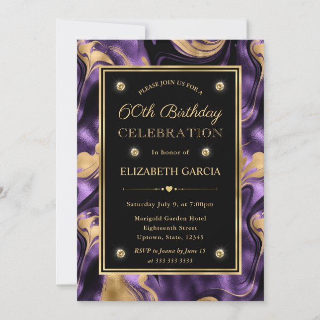 Convites Elegante Roxo Derretido e Brilho Dourado Aniversár (Frente)