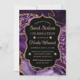 Convites Elegante Roxo & Dourado Brilho Ágata Sweet Sixteen