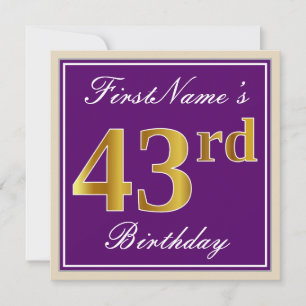 Convites Elegante, Roxo, Dourado Falso Aniversário de 43 an