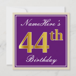 Convites Elegante, Roxo, Dourado Falso Aniversário de 44 an