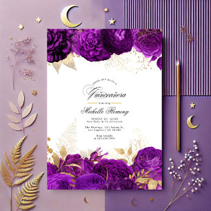 Convites Elegante Roxo e Dourada Quinceañera