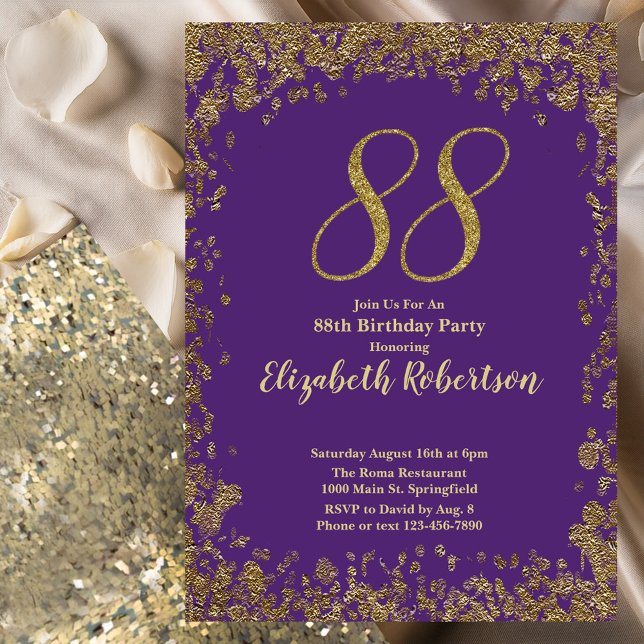 Convites Elegante Roxo e Dourado 88º Aniversário (Criador carregado)