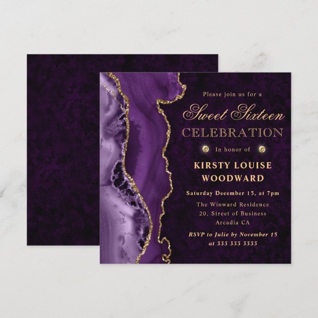 Convites Elegante Roxo e Dourado Agate Glitter Sweet Sixtee (Frente/Verso)
