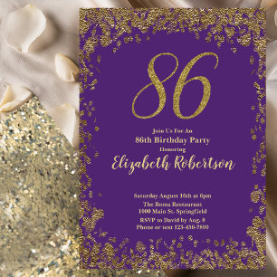 Convites Elegante Roxo e Dourado Aniversário de 86 anos