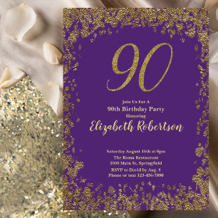 Convites Elegante Roxo e Dourado Aniversário de 90 anos