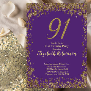 Convites Elegante Roxo e Dourado Aniversário de 91 anos