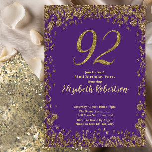 Convites Elegante Roxo e Dourado Aniversário de 92 anos