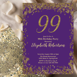 Convites Elegante Roxo e Dourado Aniversário de 99 anos