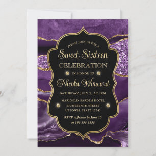 Convites Elegante Roxo e Dourado Brilho Ágata Doze Anos