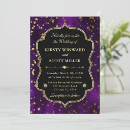 Convites Elegante Roxo e Dourado Casamento Celestial Estrel