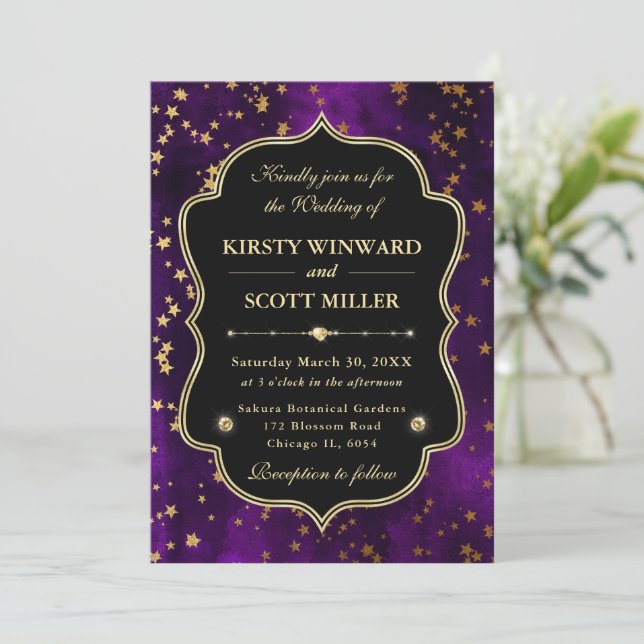 Convites Elegante Roxo e Dourado Casamento Celestial Estrel (Em pé/Frente)
