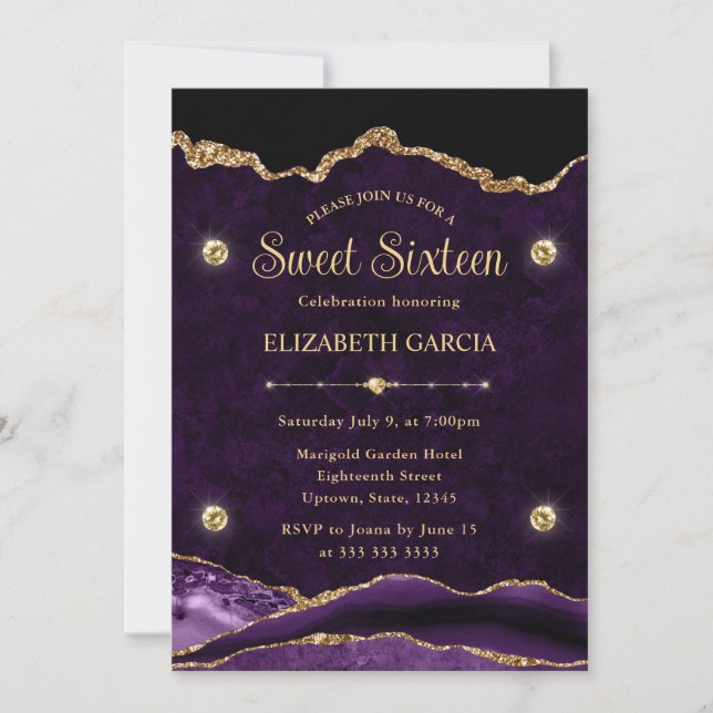 Convites Elegante Roxo e Dourado com Brilho de Ágata Sweet  (Frente)