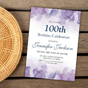 Convites Elegante roxo e ouro floral 100 anos