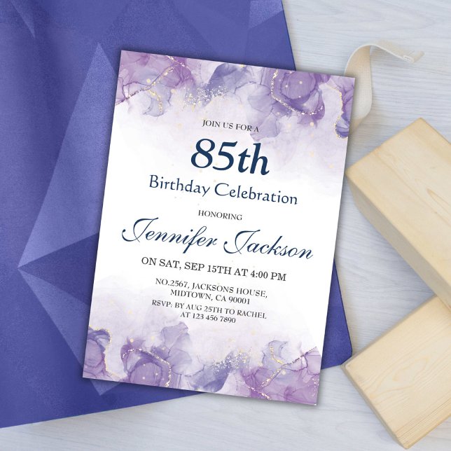 Convites Elegante roxo e ouro floral 85 anos (Criador carregado)