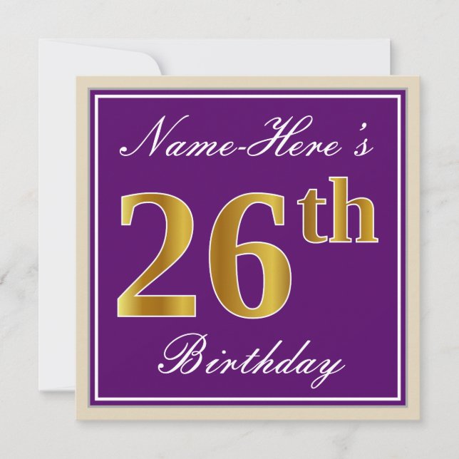 Convites Elegante, Roxo, Falso Dourado Aniversário de 26 an (Frente)