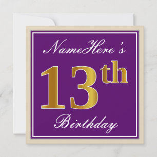 Convites Elegante, Roxo, Faux Dourado 13 Aniversário + Nome
