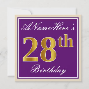 Convites Elegante, Roxo, Faux Dourado 28º Aniversário + Nom