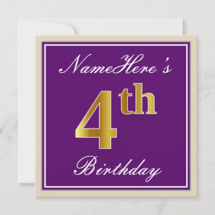 Convites Elegante, Roxo, Faux Dourado 4º Aniversário + No