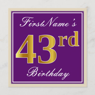 Convites Elegante, Roxo, Faux Dourado 43º Aniversário + Nom