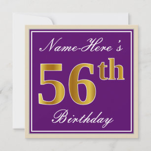 Convites Elegante, Roxo, Faux Dourado 56º Aniversário + Nom