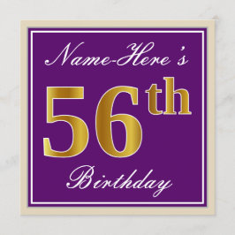 Convites Elegante, Roxo, Faux Dourado 56º Aniversário + Nom