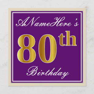 Convites Elegante, Roxo, Faux Dourado 80 Aniversário + Nome