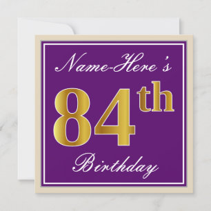 Convites Elegante, Roxo, Faux Dourado 84º Aniversário + Nom