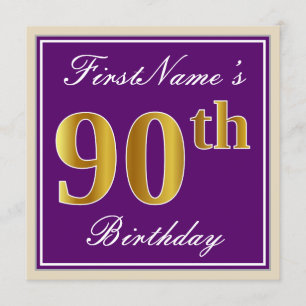 Convites Elegante, Roxo, Faux Dourado 90 Aniversário + Nome