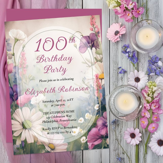 Convites Elegante Roxo | Floral de festa de 100 anos Multi (Elegant Floral 100th Milestone Birthday | Romantic Botanical Garden Party Invitation -Print |Digital)