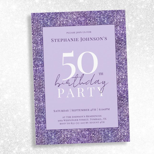 Convites Elegante Roxo Glitter 50ª Festa de aniversário (Elegant Purple Glitter 50th Birthday Party Invitation)