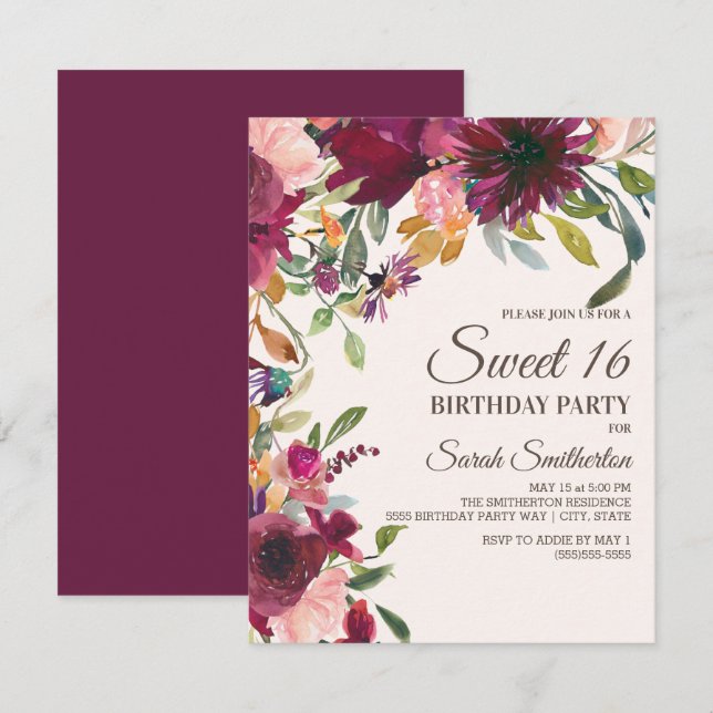 Convites Elegante Roxo Rosa Dourado Floral Script Doce 16 (Frente/Verso)