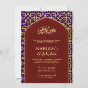 Convites Elegante Roxo Vermelho Dourado Mihrab Aqiqah