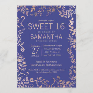 Convites Elegante Roya Blue Rosa Dourado Floral Sweet 16 Co