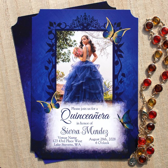 Convites Elegante Royal Blue & Douradas Borboletas Quincean (Unique blue and gold quinceanera invitations, script writing, english wording, fancy gold butterlies)