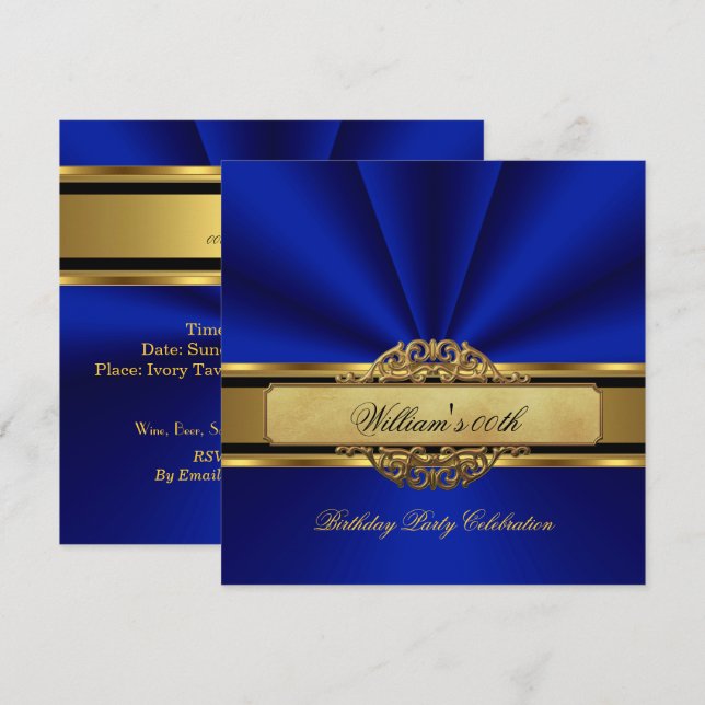 Convites Elegante Royal Blue Dourado Mens Mans (Frente/Verso)