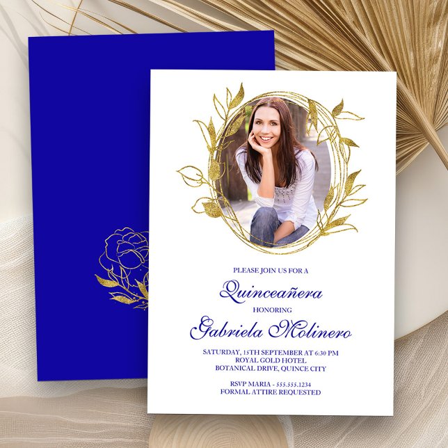 Convites Elegante Royal Blue e Dourada Photo Quinceanera (Quinceanera Photo Invitation from my Elegant Gold Flowers Quinceanera Collection)