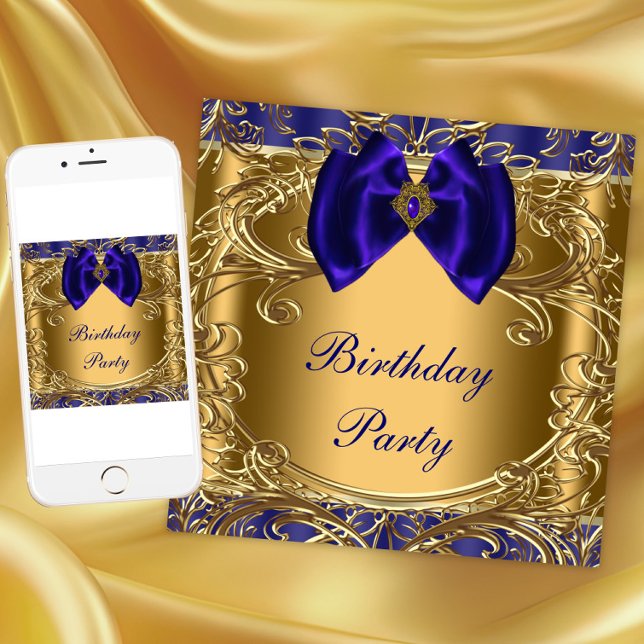 Convites Elegante Royal Blue e Festa de aniversário Dourada (Any event invitation. Instant download and printed invitations available.)