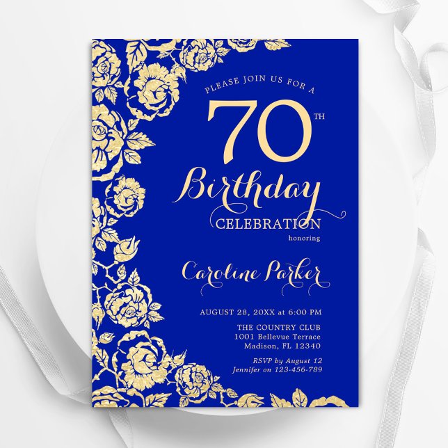 Convites Elegante Royal Blue Rosa 70 Aniversário (Criador carregado)