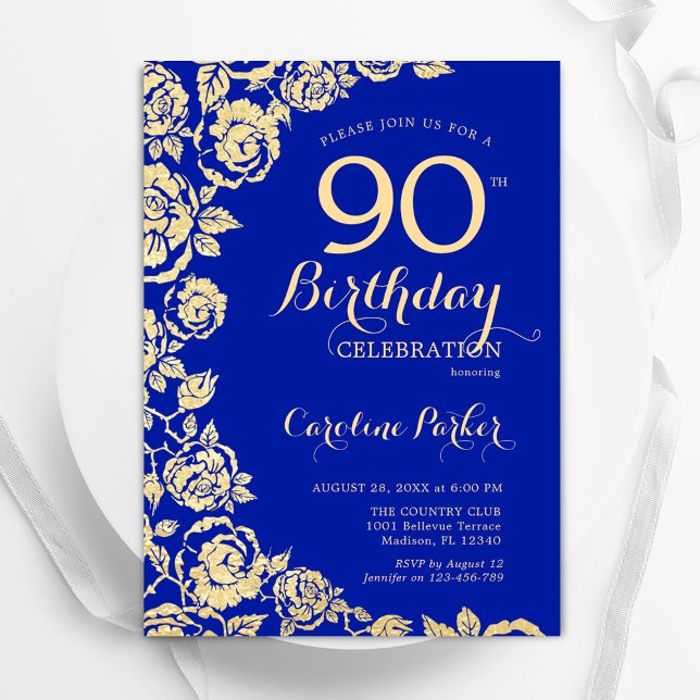 Convites Elegante Royal Blue Rosa 90 Aniversário (Criador carregado)