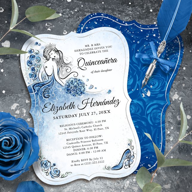 Convites Elegante Royal Blue Silver Princess Quince Birthda (Royal blue and silver princess invitations to bring a touch of fairy tale magic to your quince.)