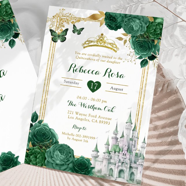 Convites Elegante Royal Castle Green Floral Quinceañera (Criador carregado)