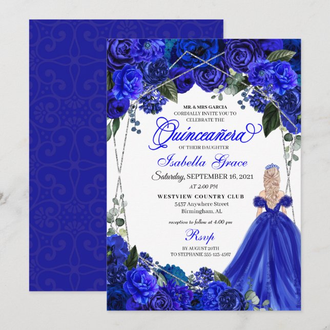 Convites Elegante Royal Floral Quinceanera Birthday Inv (Frente/Verso)
