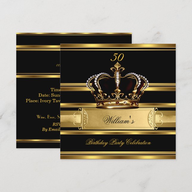 Convites Elegante Royal Preto Dourado Aniversário Príncipe  (Frente/Verso)