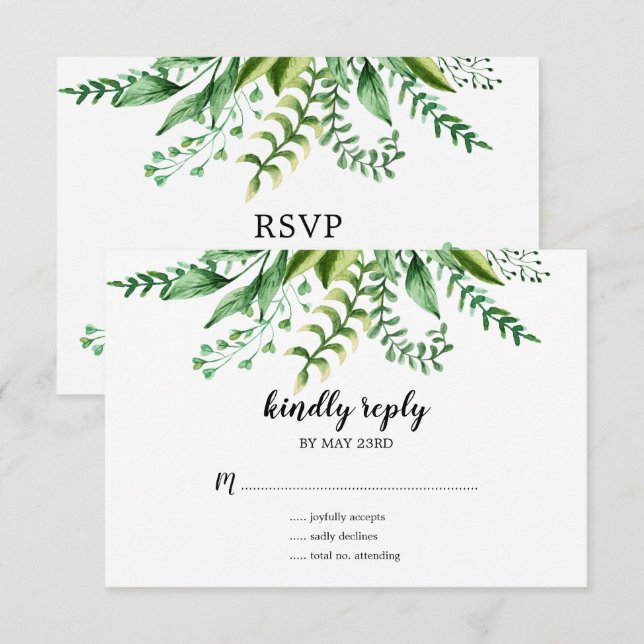 Convites Elegante RSVP de Casamento Botânico em Aquarela Ve (Frente/Verso)