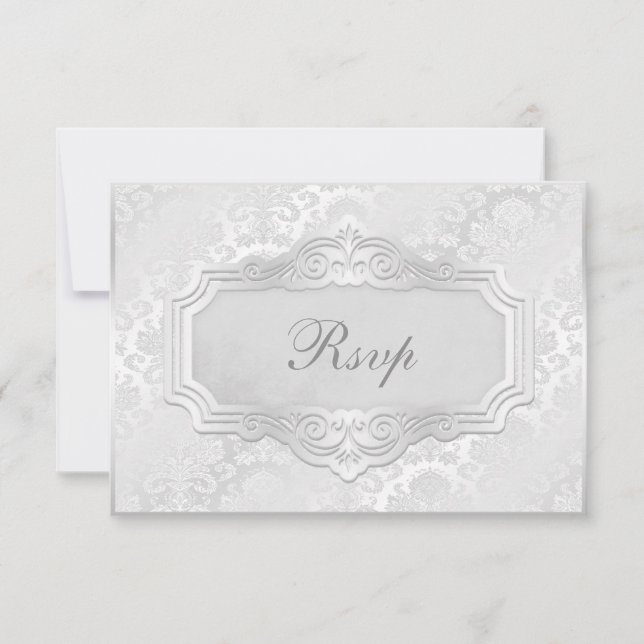 Convites Elegante RSVP de Casamento em Damasco Prateado (Frente)