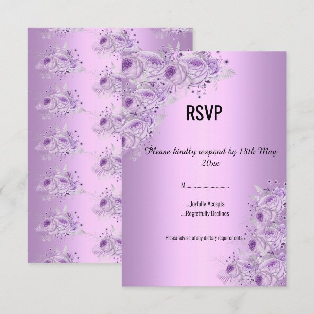 Convites Elegante RSVP floral Lilás Prata Moderno (Frente/Verso)