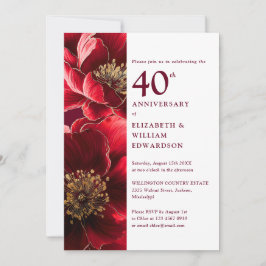 Convites Elegante Ruby Red E Dourado Floral 40º Aniversário